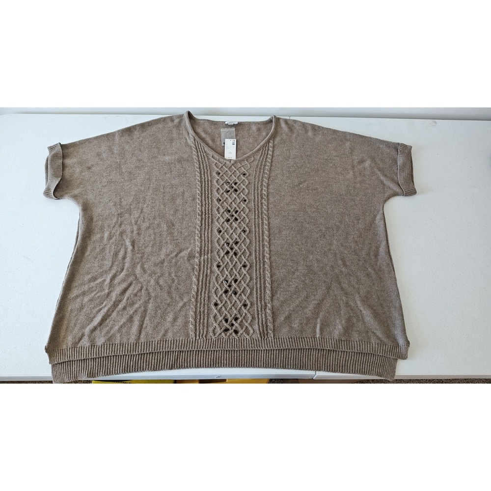 Women 22/24 Avenue Tan Boho Cable Knit Wool Blend Short Sleeve Sweater Top NWT